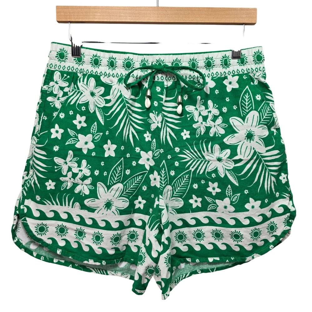 C and C California Floral Linen Blend Shorts Cowrie Shell Drawstring Green Sz 10